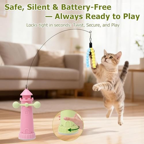 Interactive Cat Toys for Indoor Cats, Windmill Feather Cat Teaser Wand, Bouncy Kitten Toys with Strong Suction Cup Base for Bored Felines & Self-Played Enrichment Pink