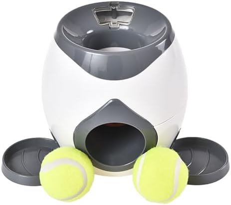 Interactive Dog Training Toy, Dog Tennis Ball Food Reward Machine with Automatic Treat Dispenser, Rechargeable Tennis Ball Throwing Machine for Small to Medium Dogs (Grey)