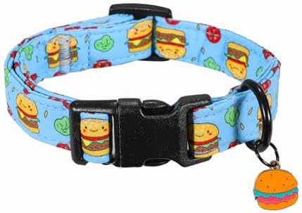 Cute Dog Collar, Blue Dog Collar with Burger Pattern and Cute Charm, Puppy Collar with Quick Release Buckle and Durable Fabric, Suitable for Small Dogs