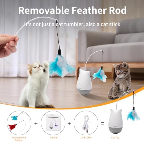 DOEL Cat Toys Interactive for Indoor, Rechargeable Automatic Rotating Feather Wand Toy, Tumbler Design, Electric Fun Tracker Exercise Gift, Stimulate to Chase and Hunting, for Bored Cats Kitten