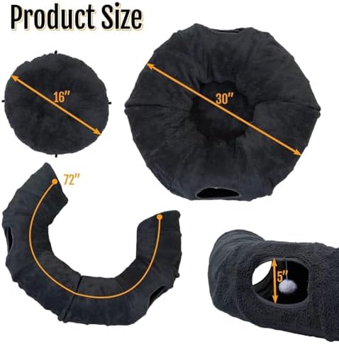 Cat Tunnel Bed with 2 Catnip Fish Toys (1000mg Natural Catnip) Interactive Cat Toys, Cat Tubewith Kitten Toys for Indoor Kittens, Collapsible Play Tunnel, Dark Grey