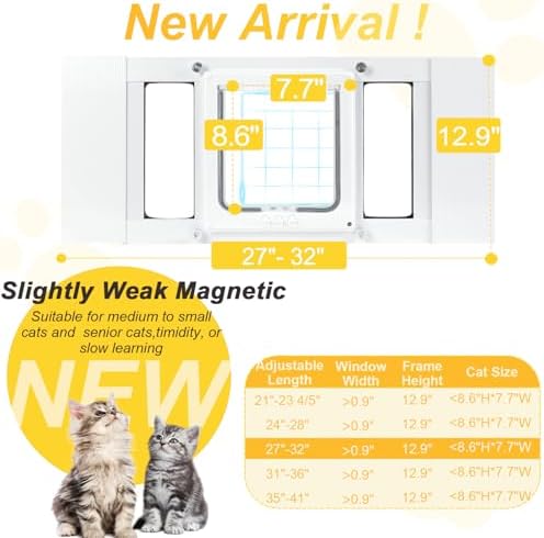 Petoasis Pet Door for Window 23"-38" Wide,Windows Pet Door for Cats and Small Dogs,7.87" W×10.62" H,No Drilling Installation (Standard Height, M: Fit 28"-32" Width)