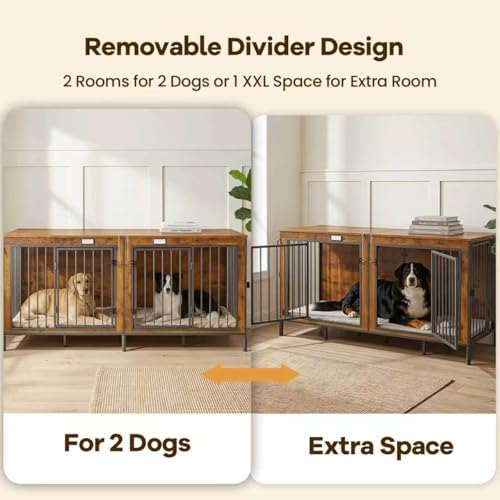 78" XXL Dog Crate Furniture for Medium and Large Dogs, Wooden Indoor Dog Kennel with Removable Divider, Flip-Top Opening, 3 Doors, Indoor Dog Crate Cage House for Home