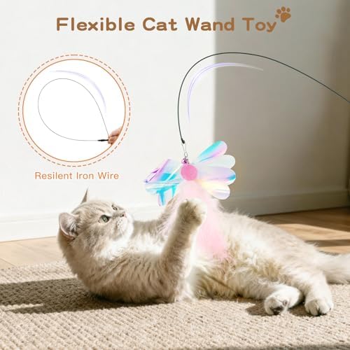 Pawaboo Cat Feather Wand Interactive Toy, 10 Feathers + 1 Wand with Bell