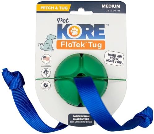 PetKORE: FloTex Tug - Medium - 2.5" Green, Rubber Dog Toy, Removable Strap Tail, Patented Airflow Grooves, Bounce-Fetch-Chew, Pet Indoor-Outdoor Play