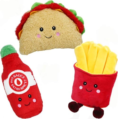 3-Pack Squeaky Dog Toys Funny Taco Plush Dog Chew Toys Set with Built-in Squeakers, Interactive Stuffed Pet Toys for Small Medium Large Dogs
