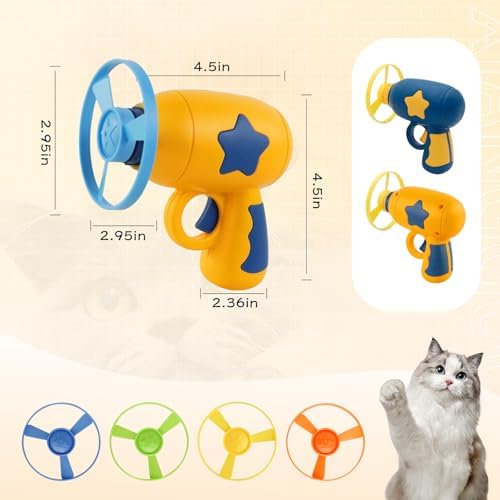 Andiker Cat Fetch Toy, Interactive Kitten Flying Disc Launcher Toy with 5 Colorful Flying Propellers for Cat Enrichment, Flying Saucer Toy for Cats for Training and Chasing (Yellow+Navy Blue(10pcs))