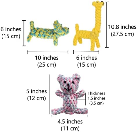 SunGrow Cotton Rope Knot Puppy & Ferret Toys, Tough Teething Chewable Teddy Bear, Giraffe, and Dog, Handwoven for Small Breeds Dog, for Teeth and Gums, Multicolor, 3 Pieces per Pack
