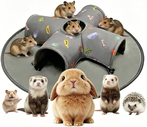 Small Pet Tunnel Bed with Top Peek Hole, 4-Way Hideout with Removable Washable Mat, Interactive Play Toy for Guinea Pig, Hamster, Rabbit, Chinchilla, Kitten
