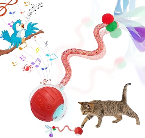 Interactive Cat Toys Ball for Indoor Cats, Automatic Self-Rolling, Motion-Activated, Bird Chirping Cats Dogs Ball Toy with Elastic Mesh Tail, Cat Enrichment Toys for Indoor Cats (Red)