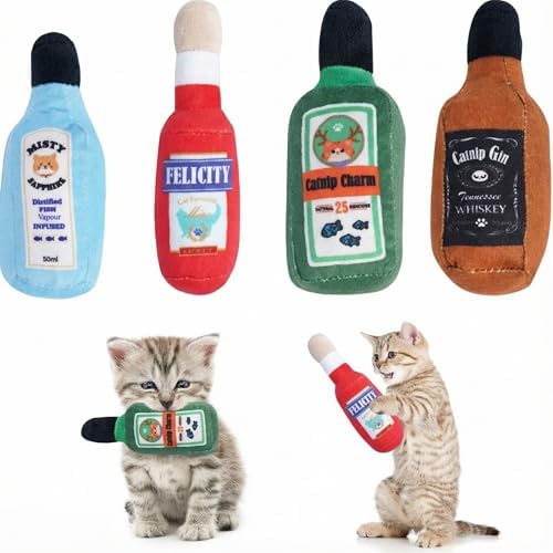 4PCS Cat Toys Plush Beer Bottle, Catnip Crinkle Sound Kitten Kicker