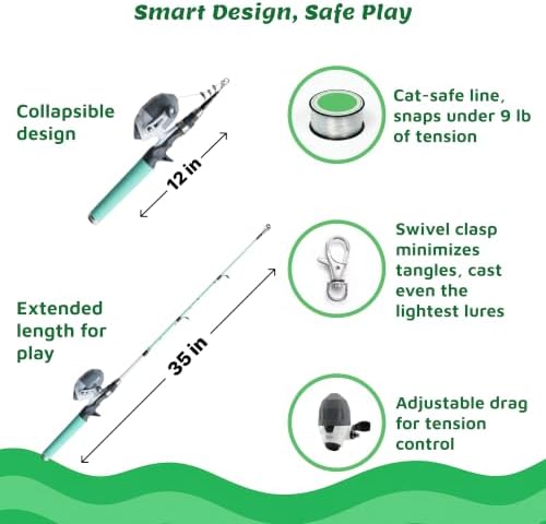 Meowy Cat Wand Toy – Cat Fishing Pole Toy with Reel The Cat Fish Fishing Rod, Telescopic Fiberglass Interactive Teaser Wand for Indoor Cats with Catnip Dental Mesh Attachments