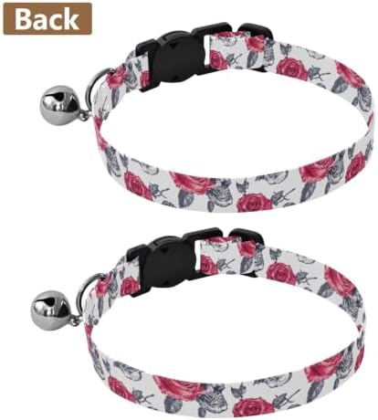 2 Pack Pet Collar Skull Red Rose Dog Collar with Bell, Adjustable Length 10.6" to 17.1"