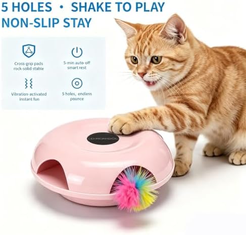 Interactive Whack-a-Mole Cat Toy — Automatic Mushroom Feather Pop-Up Play Toy for Cats, Cognitive Stimulation & Exercise, Durable Pet Entertaining Game (Pink)