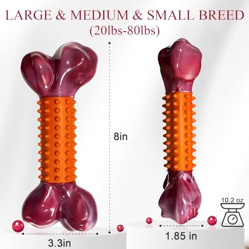 3-Pack Tough Dog Toys for Aggressive Chewers: Peanut Butter Flavored Long Lasting Dog Bones, Heavy Duty Nylon & Rubber Dog Chew Toys to Keep Them Busy, Medium & Large Breed, Orange