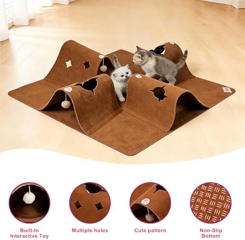 35.4" Cat Tunnels for Indoor Cats, Multi-Entrance Cat Toys, Brown
