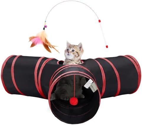 Tempcore Cat Tunnel, 3-Way Collapsible Toy for Indoor Cats, Black & Red
