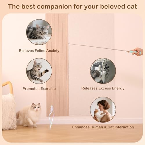 Cat Wand Toy – Retractable Wand with 4 Feather Toy Refills for Indoor Cats Enrichment, Interactive Cat Toy for Bored Adult Cats and High-Energy Kittens (BioBugs Serie 2.0)
