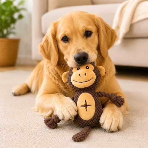 Dog Squeaky Chew Toy, Plush Crinkle Rope Dog Toy - Brown Monkey