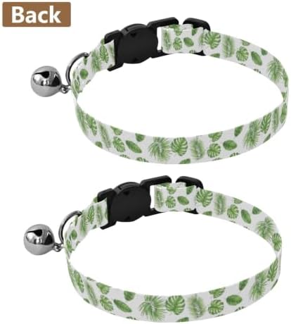 2 Pack Pet Collar Green Tropical Leaf Cat Bell Collar, Adjustable Length 10.6" to 17.1"