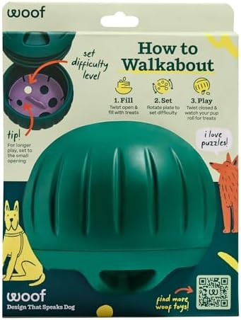 Woof Walkabout Dog Puzzle Treat Dispenser Toy for Dogs 40 lbs & Up | Adjustable treat openings, fits kibble & treats, durable rubber, dishwasher safe, easy to clean
