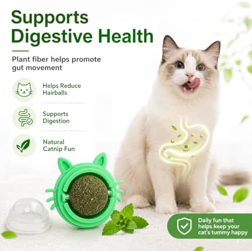 Catnip Lick Toy for Indoor Cats, Wall Mounted 360° Rotating Catnip Ball with Dust Cover, Strong Adhesive Natural Cat Mint Ball for Licking Chewing Dental Care, Boredom Relief Interactive Kitten Toy
