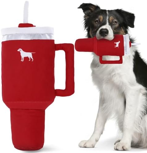 PUPROAR Pup Cup Tumbler Dog Toy, Cute Birthday Gift for Girl Dogs, Plush Squeaky Puppy Present for Small, Medium & Large Breeds (Ruby Red)