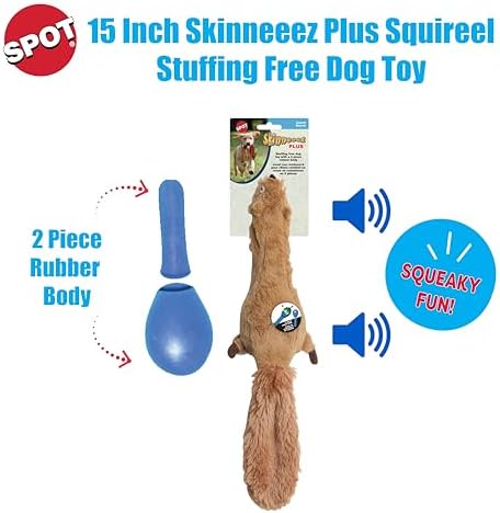 SPOT Skinneeez Plus Squirrel - Stuffing Free Dog Toy with Two Piece Rubber Body and Two Squeakers, Fun to Bite, Stuffingless Design is Great for Moderate Chewers, Tug Toy for Puppies & Dogs - 15in