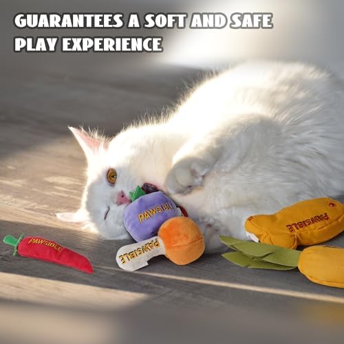 Pawsible 5 Pack Catnip Toys for Indoor Cats - 100% Organic Catnip Filled, No Cotton, Durable Teething Kicker Toys for Kittens, Food-Shaped Plush Chew Toys