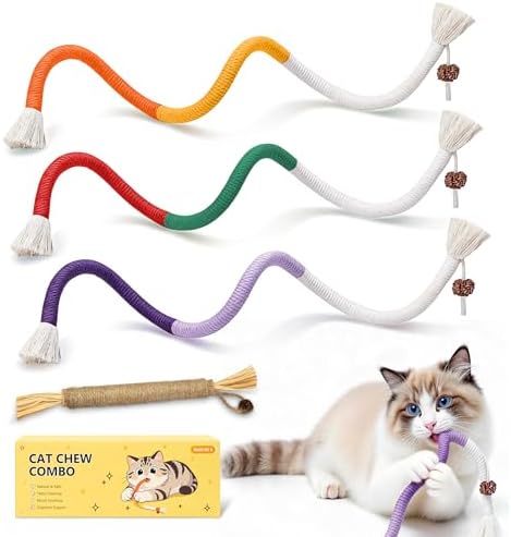 Interactive Cat Toys for Indoor Cats, 3 Chew Ropes 1 Silvervine Stick