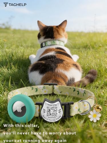 Cute Floral Breakaway Cat Collar with QR Code ID, Lightweight Cotton Safety Collar with Bell & AirTag Holder for Kittens and Cats,Pastoral Style with airtag Holder(Green)