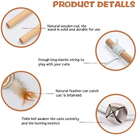 KABB Cat Toys for Indoor Cats, 3pcs 16 Inch Natural Wood Cat Teaser Wand Toy with Teaser Refills for Cat Kitten Having Fun Exerciser Playing, Bonus 5pcs Catnip Sticks for Cat Teeth Cleaning