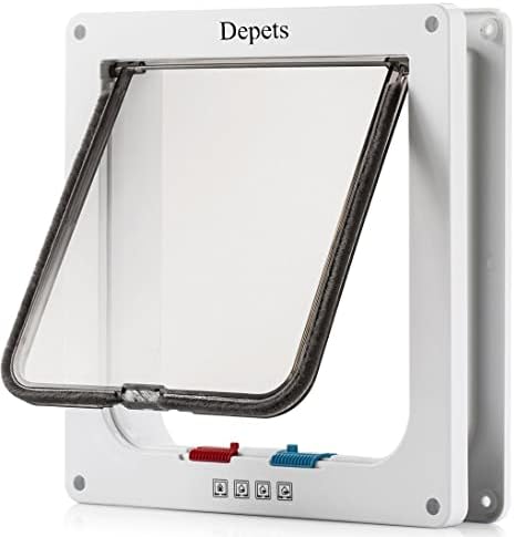 Depets Large Cat Door (Outer Size 9.9" x 9.2"), 4 Way Locking Cat Flap Door for Interior Exterior Doors, Weatherproof Pet Door for Circumference < 23"