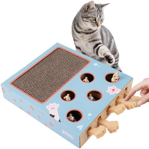 PAWISE Interactive Cat Scratcher Toy - 3-in-1 Cardboard Cat Scratching Board & Interactive Puzzle Toy Box for Indoor Cats, Nail File Scratch Pad with Pop-up Mice, Cat Enrichment Toy for Kitten