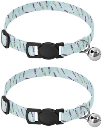 2 Pack Kitten Collars Lavender Flowers Purple Blossoms Cat Collar with Bell, Adjustable Length 10.6" to 17.1"