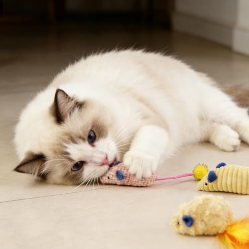 Andiker 3PCS Cat Mouse Toys, Colorful Catnip Toys for Cats with Rattle Box Ribbon Feather Interactive Cat Toys for Indoor Cats to Chew Bite Teeth Cleaning (Yellow)