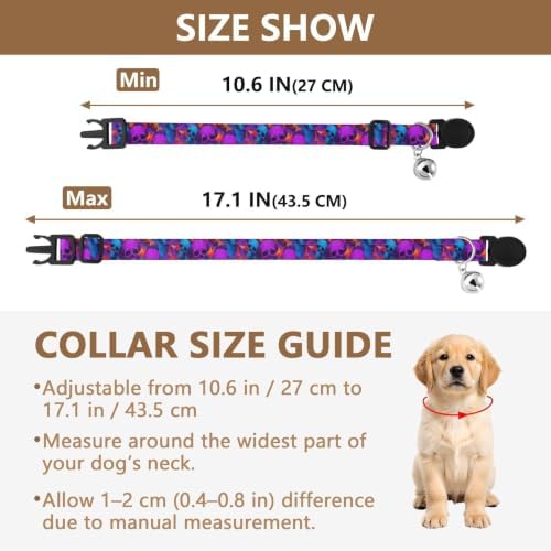 Neon Skull Colorful Collar with Bell for Dog Puppy 2 Pack Kitten Collar Adjustable 10.6 to 17.1 Inches