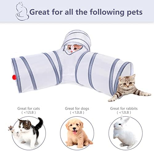 Cat Tunnel, Collapsible Tube with 1 Play Ball Toys, 3 Ways Tunnels for Indoor Cats, Puppy, Kitty, Kitten, Rabbit (White and Gray)