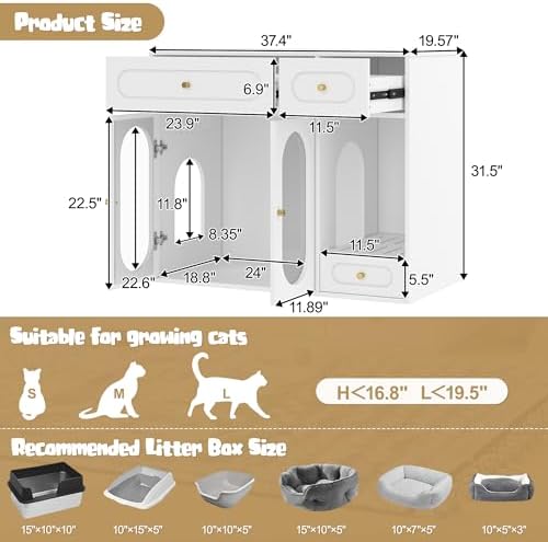Cat Litter Box Enclosure with LED Light, Hidden Litter Box Cabinet with Storage Drawers, Acrylic Doors, Indoor Pet House, Fits Most Litter Boxes, Multi-Entry Design, End Table for Living Room, White