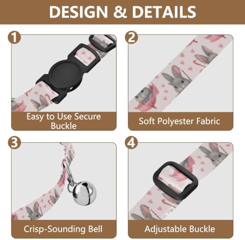 2 Pack Kitten Collars Cute Gray Bunnies Pastel Bell Collar for Small Dogs, Adjustable Length 10.6" to 17.1"