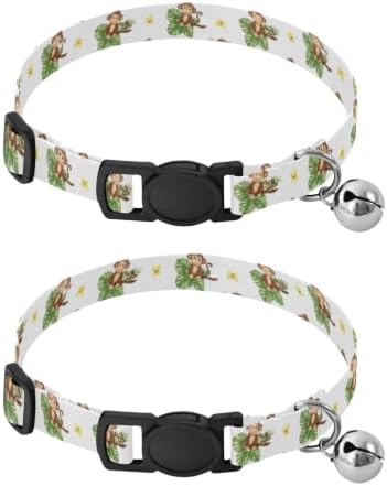 Cute Cartoon Monkeys Tropical Leaf Dog Collars for Small Dogs, 2 Pack Cat Collar with Bell