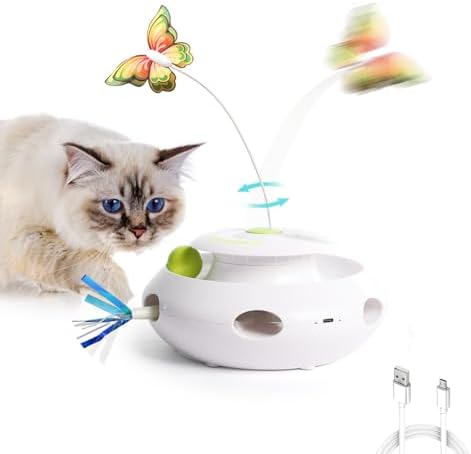 ALL FOR PAWS 3 in 1 Interactive Butterfly Flutter Cat Toy with Rolling Balls, Automatic Kitten Spinner Toys, Popping Feather Toy, Mental Stimulation for Indoor Cats, USB Rechargeable