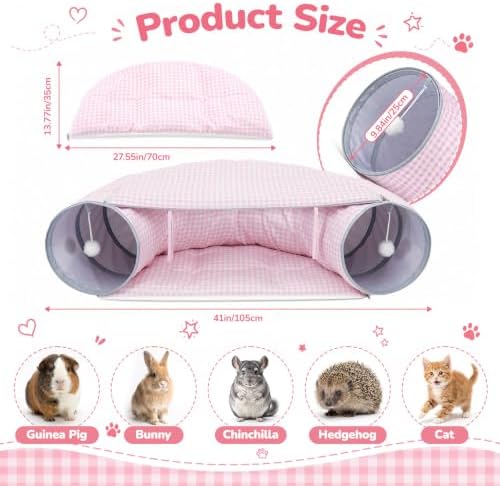 Bunny Tunnel Bed, 2-in-1 Collapsible Rabbit Guinea Pig Hideout, Pink