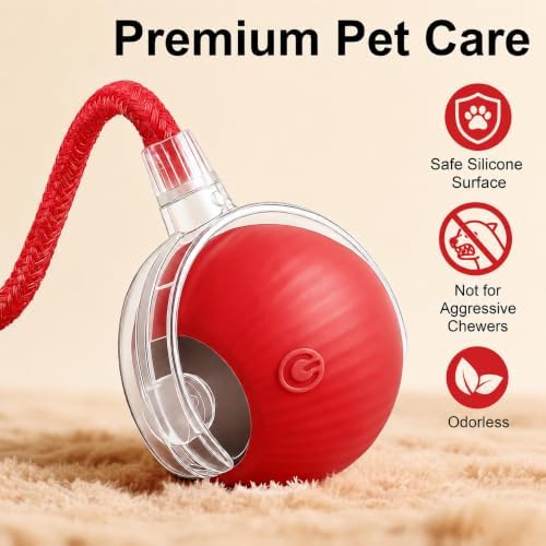 2-Pack Smart Interactive Automatic Electric Rolling Moving Rechargeable Motion Activated Self Play Stimulation Chase Teaser Ball Toy with Rope for Indoor Bored Adult Cat and Dog, Red+Blue