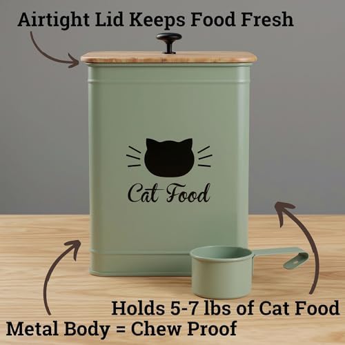 Metal Cat Food Container with Scoop 5-7 lb (25 Cup), w/ Airtight Bamboo Lid