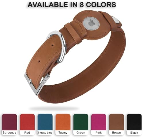 Leather Dog Collar with Airtag Holder - Apple Air Tag Dog Collars - Soft Tracking GPS Pet Collar for Small Medium Large Dogs Breed Puppy (Brown, L, 15"-19" Neck Fit)