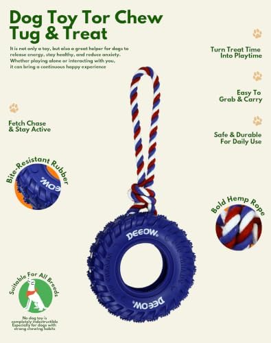Deeow Tether Dog Tire Chew Toy for Teething & Treat Dispensing-Blue 6.3''