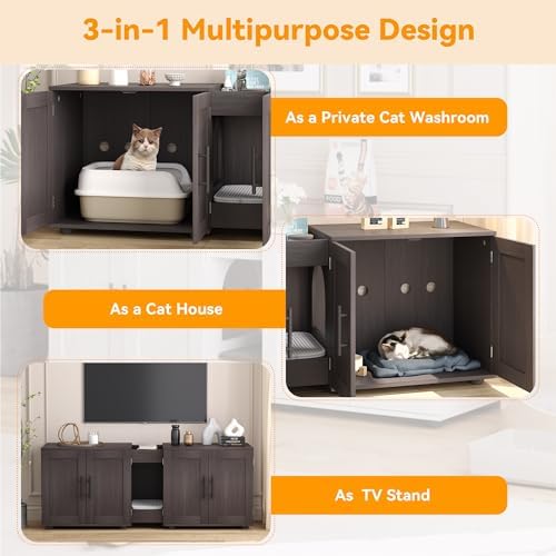 55" Cat Litter Box Enclosure Furniture, 3-in-1 Hidden Litter Cabinet with Barn Doors & Double Rooms for 2 Cats, Wooden Pet Furniture for Living Room & Bedroom, Brown