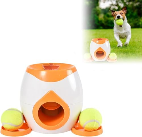 Interactive Dog Training Toy, Dog Tennis Ball Food Reward Machine with Automatic Treat Dispenser, Rechargeable Tennis Ball Throwing Machine for Small to Medium Dogs (Orange)