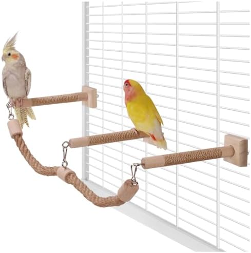 La La Pet Bird Rope Perches for Cage Natural Wood Standing Perch Hanging Bridge and Swing Interactive Birds Toys for Conures Budgies Parakeets Cockatiels Lovebirds 3-Set